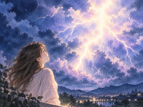 夜空を照らすまぶしい稲妻を見上げる人物