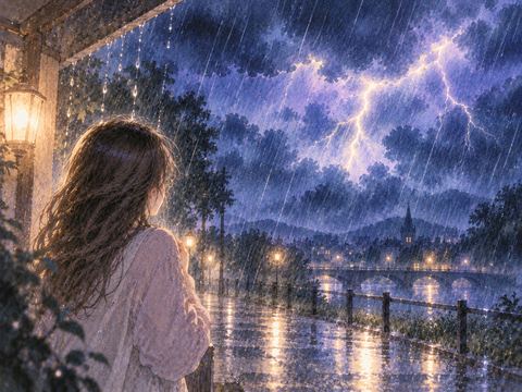 大雨と稲妻が重なる夜の雷雨