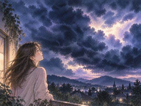 夜空いっぱいに広がる黒い雷雲と雲の切れ間の光