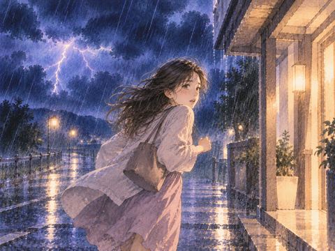 稲妻の光る夜道を安全な場所へ走る人物