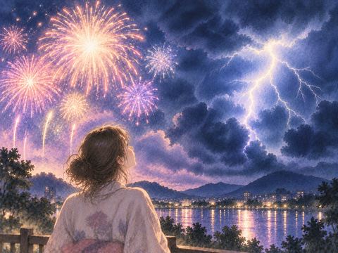 夜空に花火と稲妻が同時に見える幻想的な場面