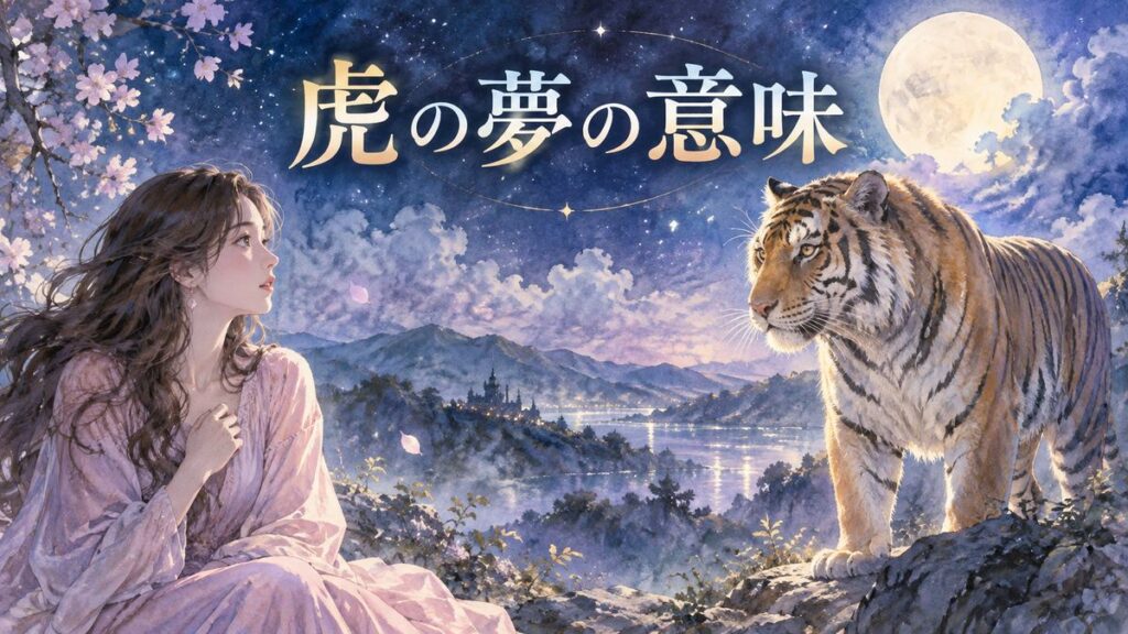 月明かりの夜に大人の女性が堂々とした虎を見つめる幻想的な場面