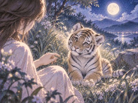 月明かりの草むらに座る小さな子虎を見守る夢の場面