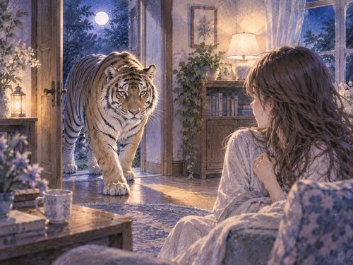 夜の家のリビングに静かに入ってきた虎を見つめる場面