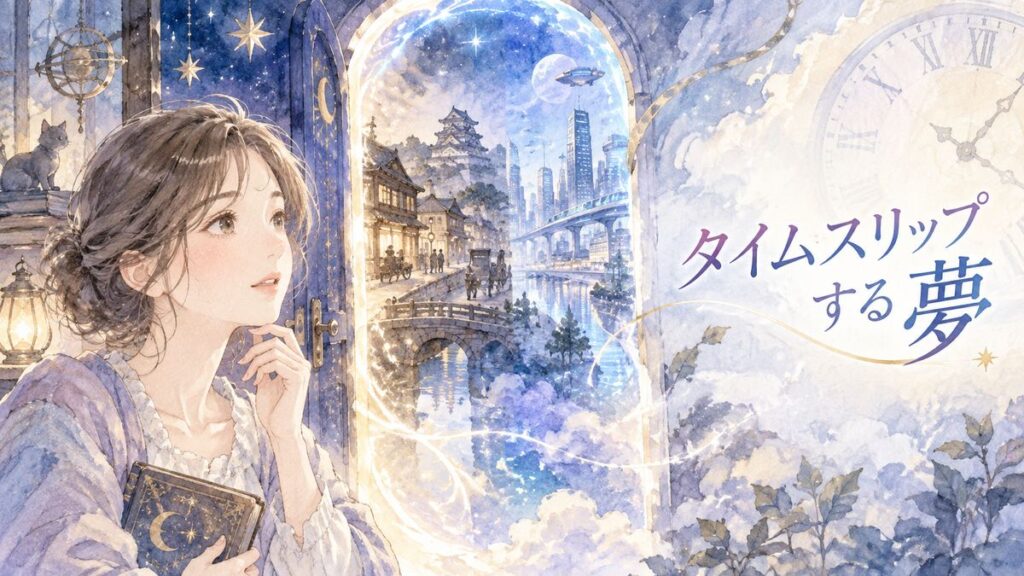夜の時間の扉を見つめる大人の女性と過去と未来の街並み