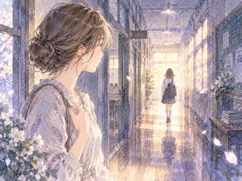 昔の学校に立ち過去の自分を遠くに見る女性