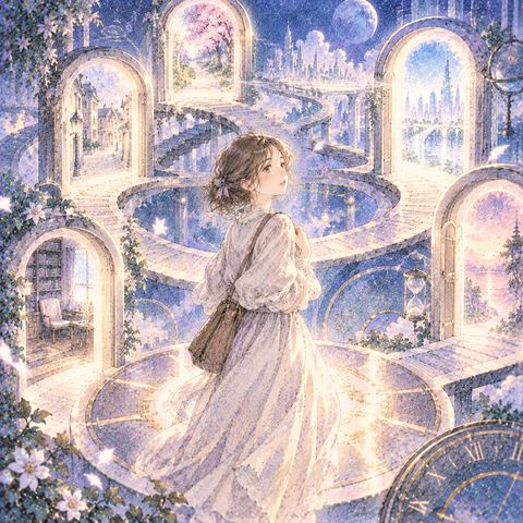 光の輪が重なる時間の道を行き来する女性
