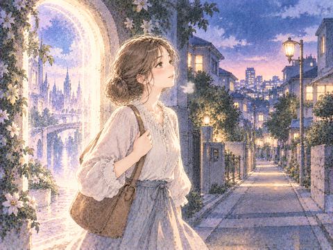 時間の扉を抜け見慣れた街へ戻って安心する女性