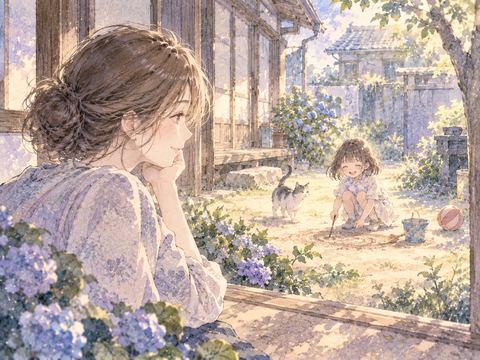 懐かしい家の庭で遊ぶ子どもの頃の自分を見る女性