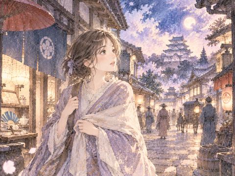 古い時代の町並みを驚きながら歩く女性