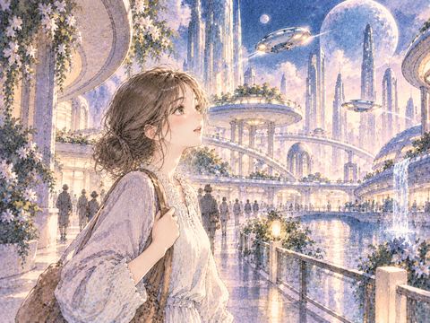 見知らぬ未来都市を興味深そうに見回す女性