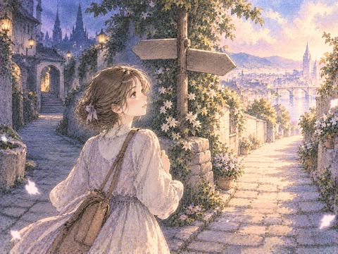 過去の分かれ道で別の道を選ぼうとする女性