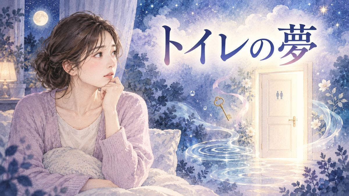 夜の廊下で淡く光るトイレの扉を見つめる大人の女性