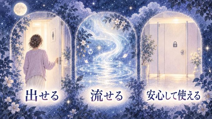 トイレの扉と流れる水と閉じた個室を三つの視点で示す夢の図