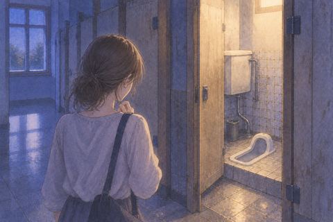 古い学校のような和式トイレを見つめる夢の場面