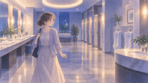 部屋のように広いトイレで周囲を見回す人物