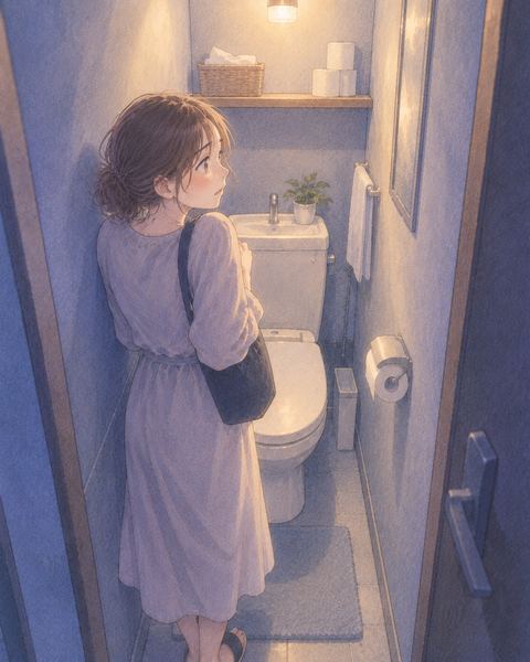 壁が近い狭いトイレの中で窮屈そうに立つ人物