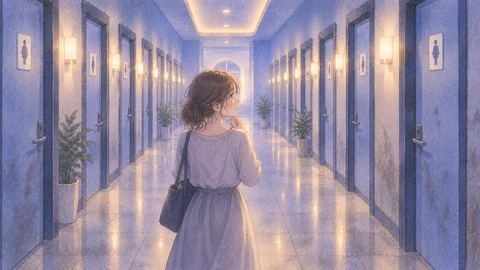 同じようなトイレの扉が並ぶ中で迷う人物