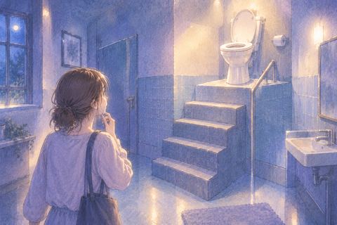 形や位置が不思議なトイレを前に戸惑う人物