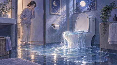 トイレの水が床へ広がり困って見つめる人物