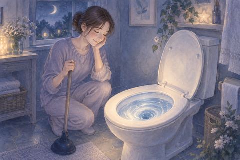 トイレの詰まりを直したあと流れる水を見て安心する人物