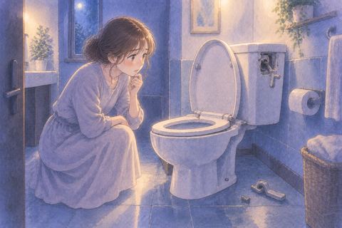 壊れたレバーと便器を見て困る人物
