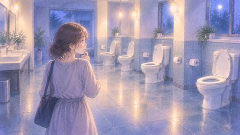 仕切りやドアのないトイレを見て戸惑う人物