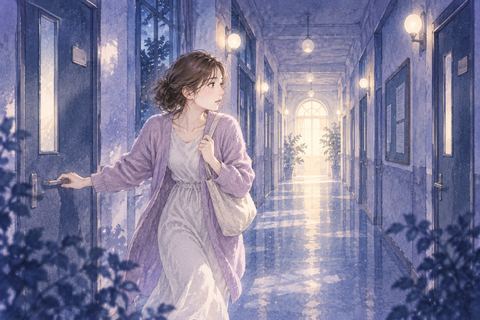 夜の建物でトイレを探して廊下を歩く人物