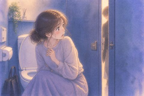 トイレのドアが突然開き驚いて振り向く人物