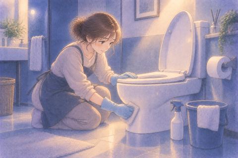 清潔なトイレを丁寧に掃除する人物
