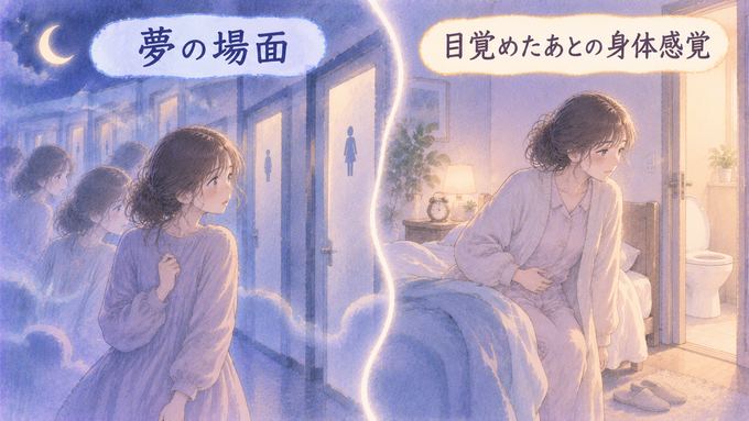 繰り返すトイレの夢と目覚めた後の尿意を別々に考える図