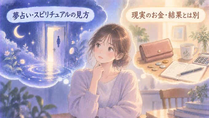 トイレの夢の象徴と現実のお金の結果を別々に見つめる女性の図