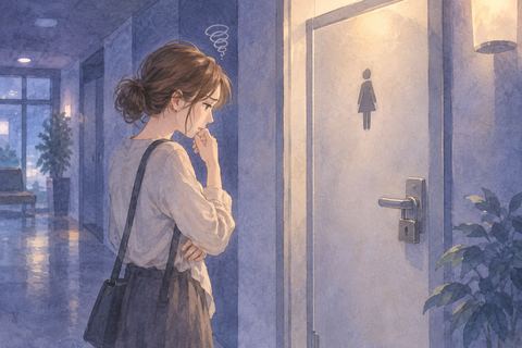 閉まったトイレの扉の前で困る人物