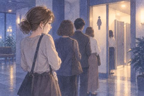 夜の施設でトイレの列に並び順番を待つ人物