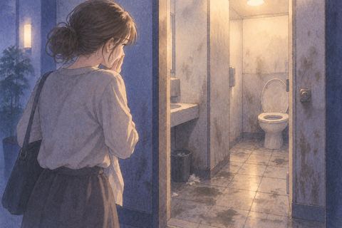 汚れたトイレの入口で立ち止まり使うのをためらう人物