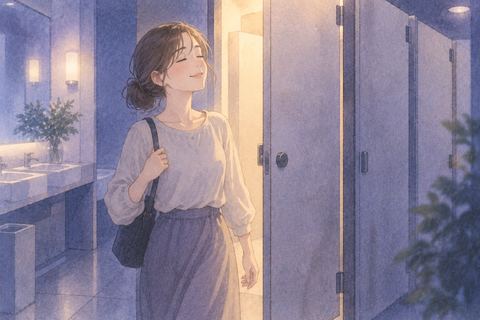 トイレの個室から出てほっとした表情を見せる人物