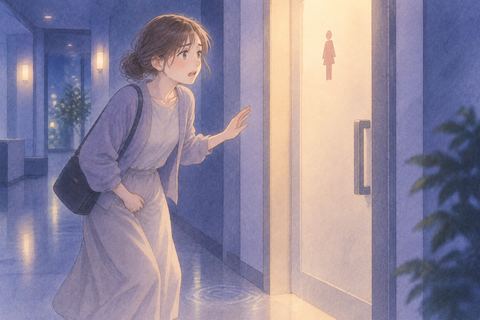 トイレの扉を目前にして困った表情で立ち止まる人物