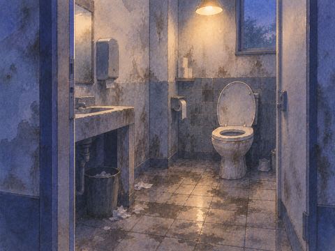 古く汚れたトイレを入口から見つめる夢の場面