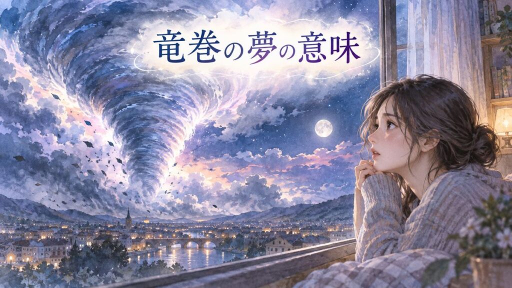 夜空の竜巻を見つめる大人の女性
