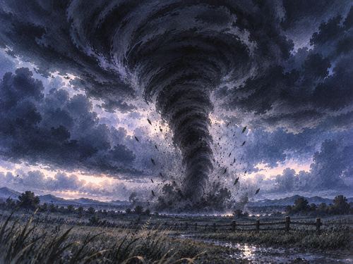 暗い雲の下に立つ黒い竜巻