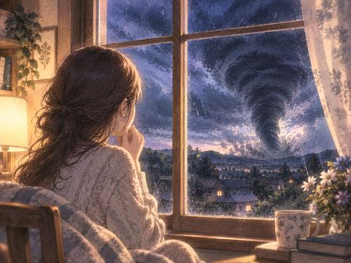 家の窓越しに外の竜巻を見る人物