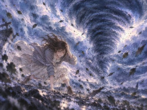 竜巻の強い風の中で踏ん張る人物