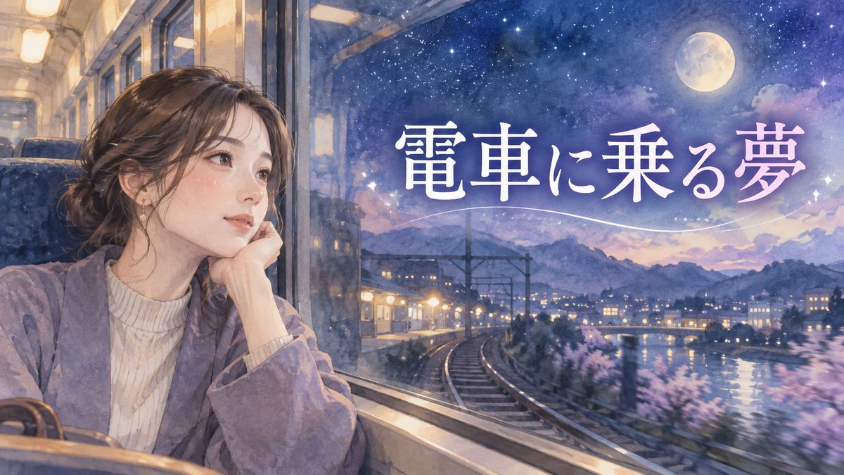 夜の電車の窓辺で行き先を見つめる大人の女性
