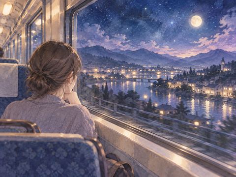 夜の電車から見知らぬ街の灯りを眺める場面