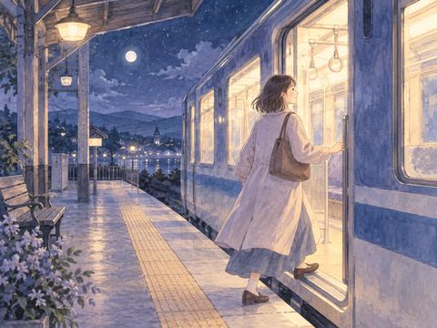余裕を持って夜の電車に乗る人物