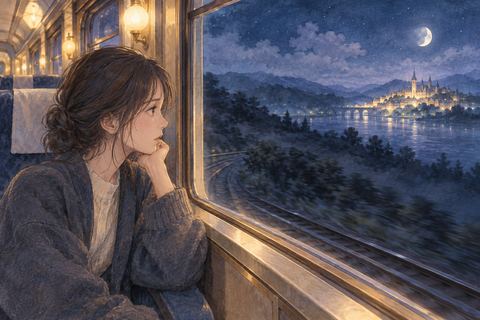 反対方向へ進む電車の窓から遠ざかる街を見る人物