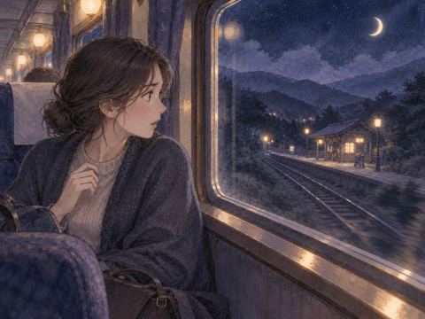 通り過ぎた駅を窓から振り返る人物