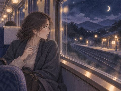 夜の電車で眠り目を覚まして窓の外を見る人物