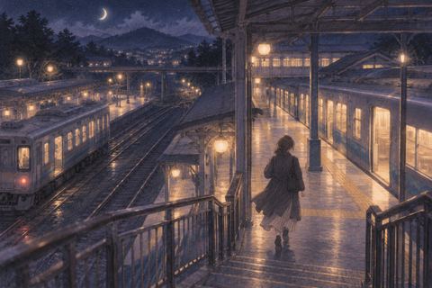 夜の乗換駅で別の電車へ向かう人物