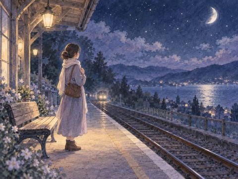 静かな夜のホームで電車を待つ人物